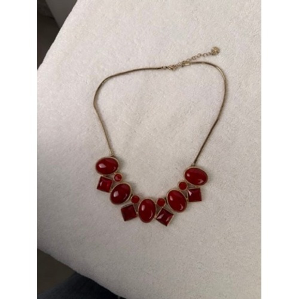 Red Statement Bib Necklace Gold Tone Geometric Oval Square Resin Stone Jewelry